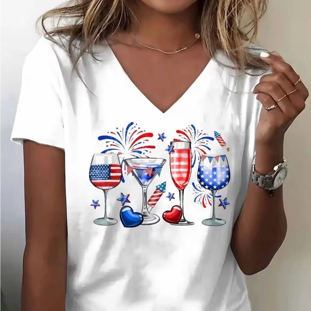 Patriotic V-Neck Women’s Tee with Firework Drink Graphic - White